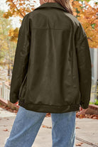 Oversized faux leather motorcycle jacket in dark brown with relaxed fit and casual style.