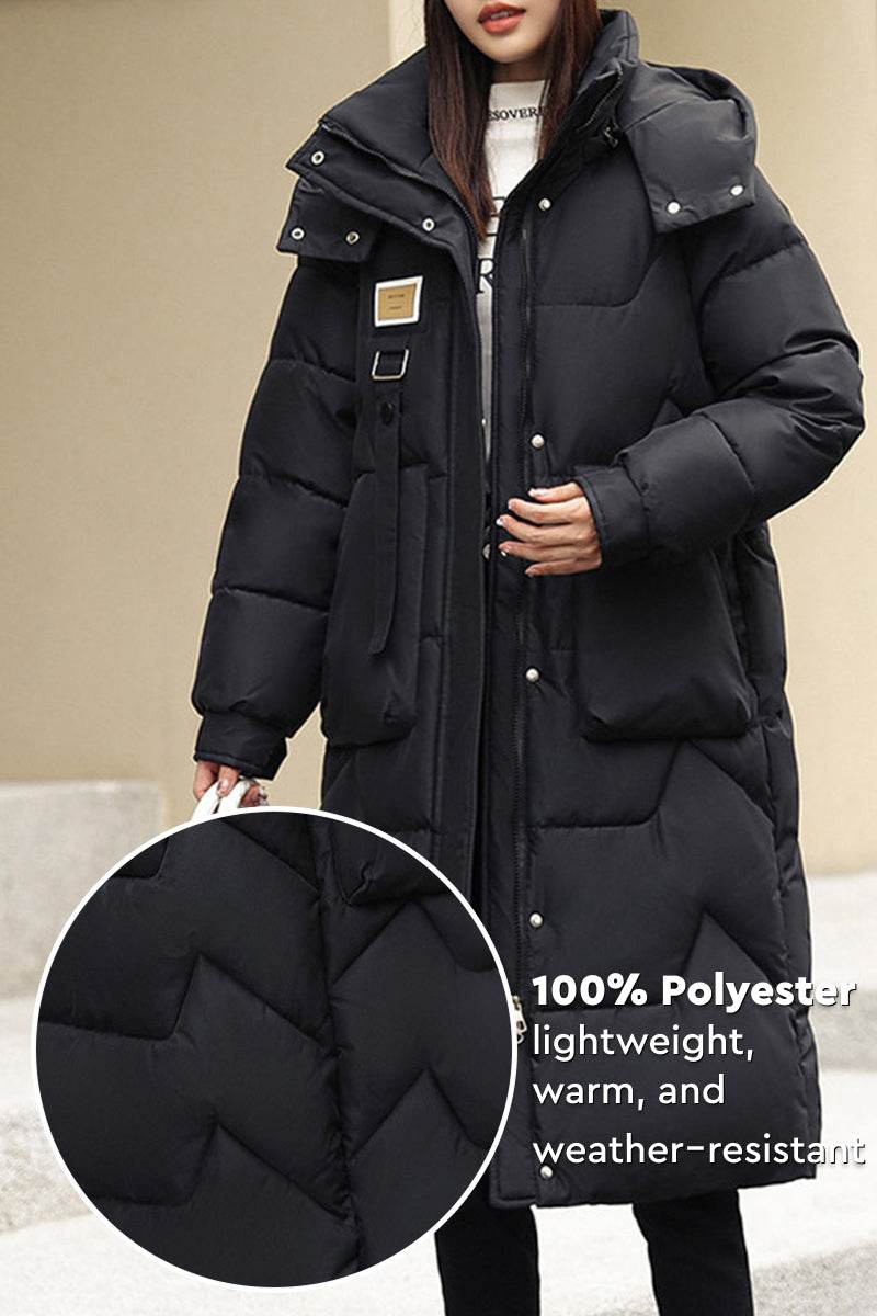 Black FrostLine Long Coat, lightweight polyester winter coat with insulated hood and double-button fasteners, warm and weather-resistant for cold travel.