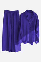 Purple cotton-linen two-piece set with long-sleeve shirt and wide-leg pants