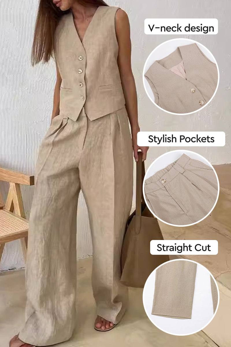 Eco chic linen blend two-piece outfit with V-neck vest, stylish pockets, and straight cut pants in beige linen blend fabric