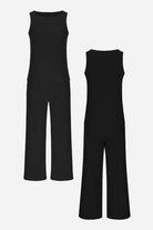 Sleek silhouette black sleeveless top and wide-leg pants coordinated set for versatile stylish wear