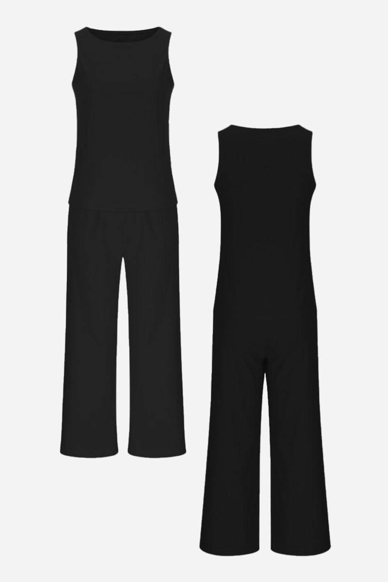 Sleek silhouette black sleeveless top and wide-leg pants coordinated set for versatile stylish wear