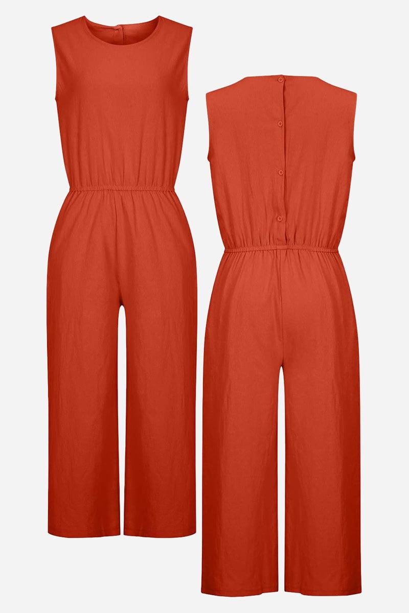 Pure Cotton minimal confidence two-piece set in rust, sleeveless jumpsuit with button back and elastic waist.
