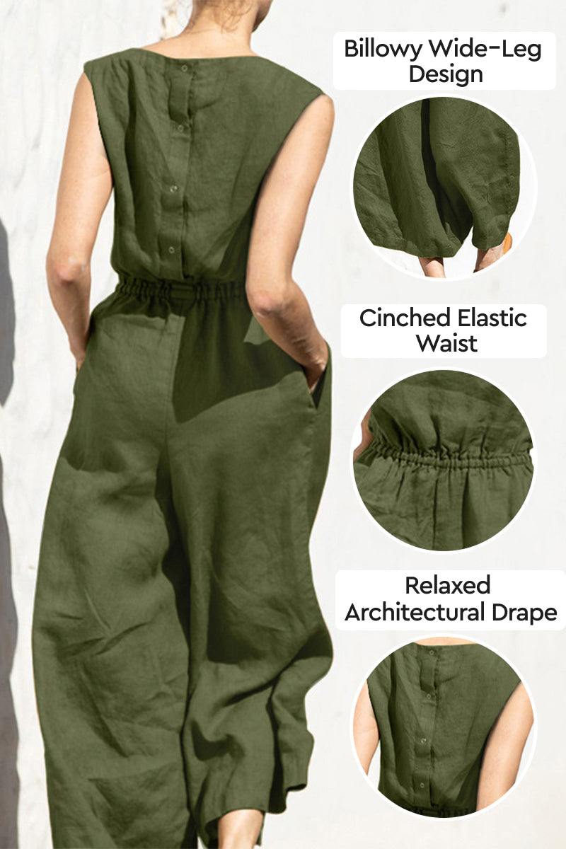 Pure Cotton minimal confidence two-piece set with billowy wide-leg, cinched elastic waist, and relaxed architectural drape in olive green