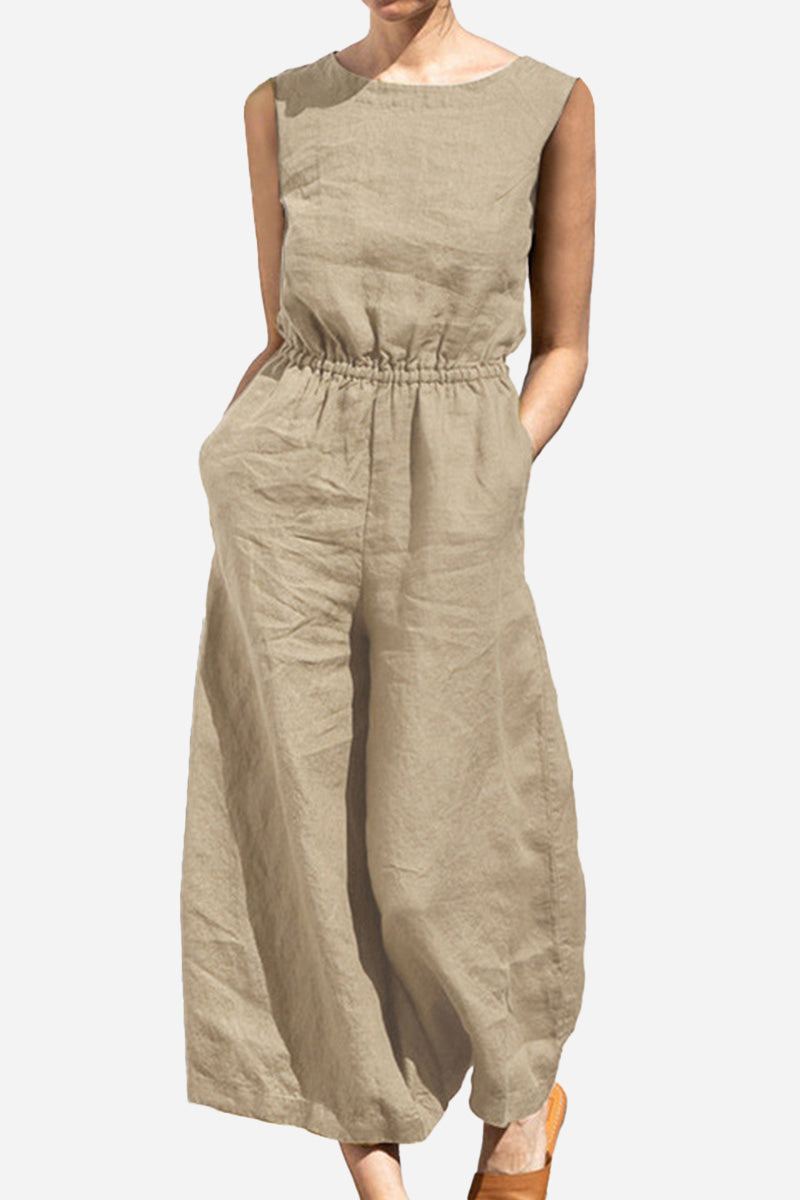 Beige pure cotton sleeveless two-piece set with wide-leg pants and elastic waist