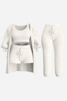 Cloud Soft 4-Piece lounge set with soft fabric cardigan, cropped top, shorts, and pants in light grey