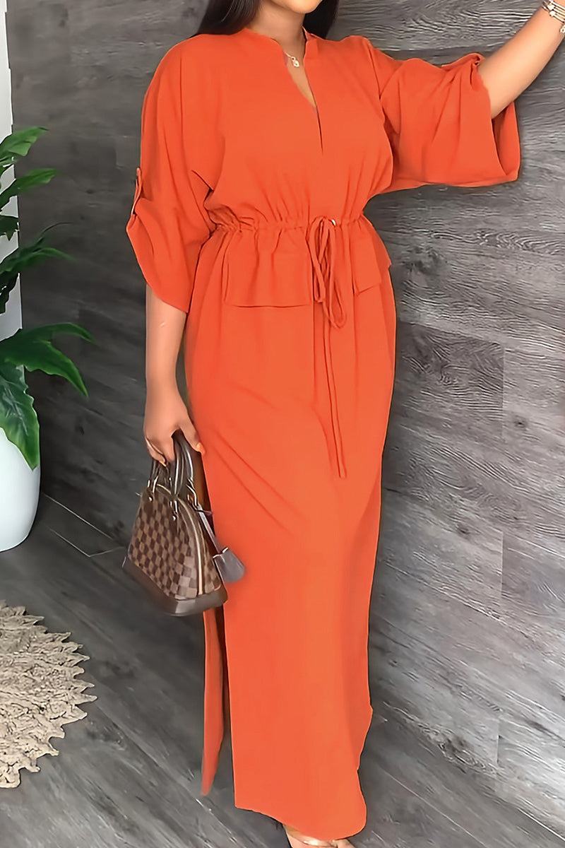 Orange All-Day Drape Dress with adjustable waist tie and front slit, breathable polyester fabric, stylish and comfortable for all-day wear