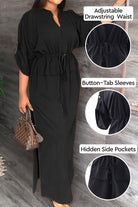 Black All-Day Drape Dress with adjustable drawstring waist, button-tab sleeves, and hidden side pockets.