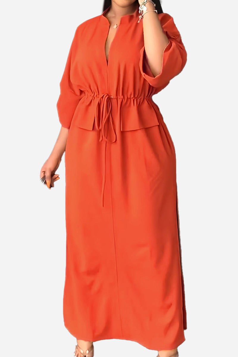 Orange All-Day Drape Dress with adjustable waist tie and front slit, breathable polyester fabric.