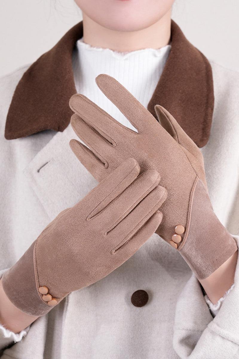 One Size SmartTouch suede gloves with premium soft fleece lining, touchscreen-friendly fingertips, and elegant button detail.