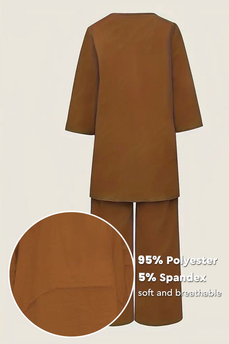 Brown loose drape two-piece set with oversized top and wide-leg pants made of soft, breathable polyester-spandex blend