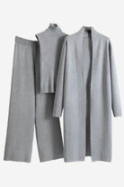 One size fits all premium grey three-piece collection with cardigan, sleeveless top, and wide-leg pants in soft viscose-polyester blend fabric