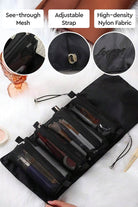 Travel light look right with black water-resistant nylon Glide & Go makeup bag featuring adjustable strap and see-through mesh compartments