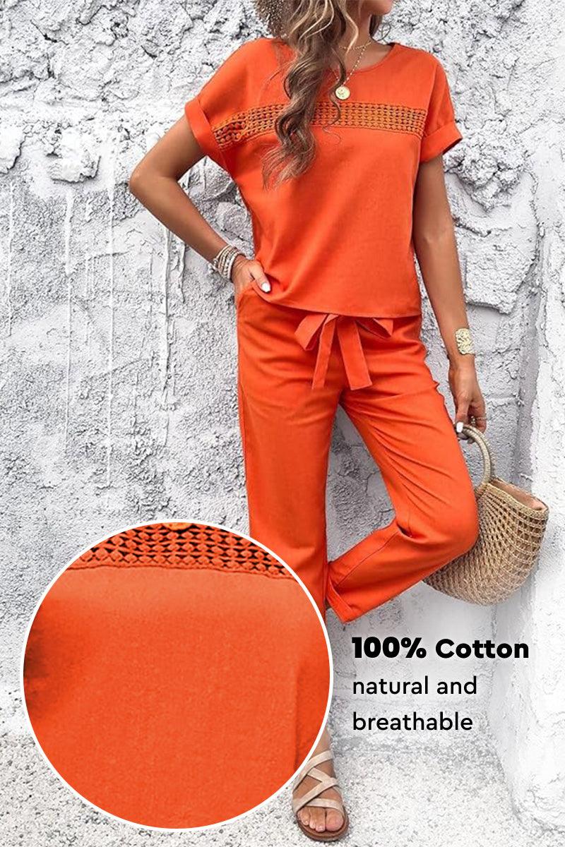 Orange 100% cotton breathable Total Comfort Two-Piece Set for women, featuring a short-sleeve top and drawstring pants.