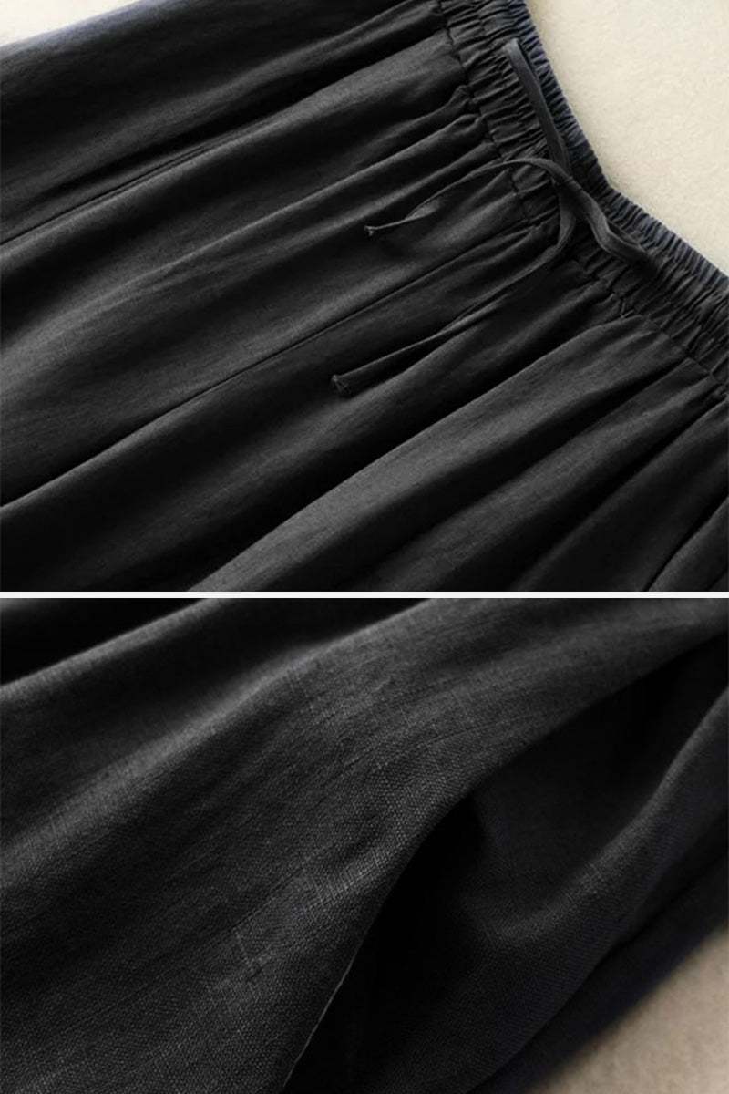 Black cotton linen Tuscany wide-leg trousers with elastic waistband and drawstring detail