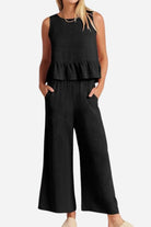 Black Linen-Like Feel Set with sleeveless ruffle top and wide-leg pants for comfortable, stylish wear