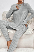 grey Butter Touch Ribbed Two-Piece Set with long sleeve top and leggings, ribbed texture, cozy and stretchy lounge wear