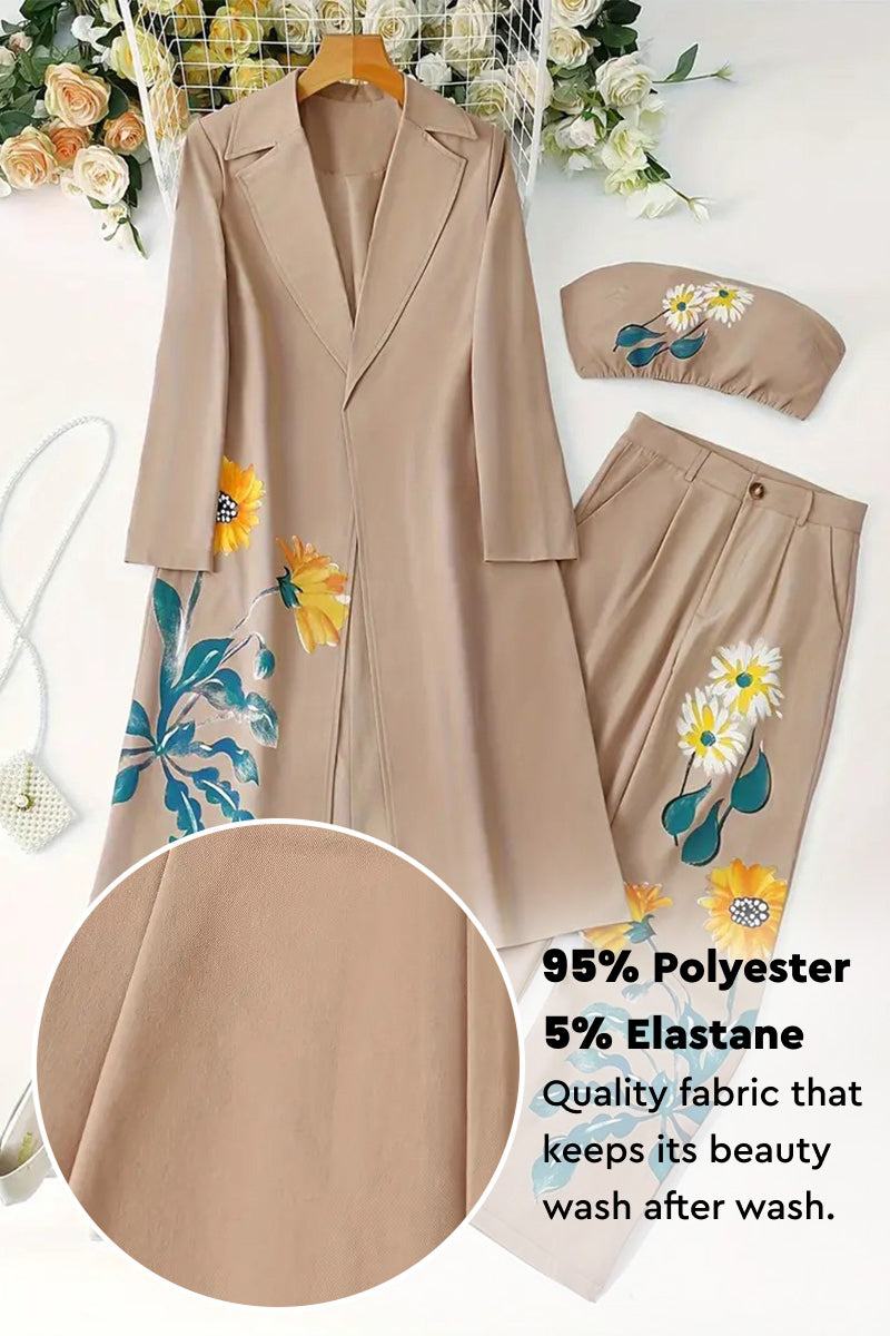 Elegant beige three-piece floral set with long coat, strapless top, and pants featuring vibrant flower prints, made from 95% polyester and 5% elastane.