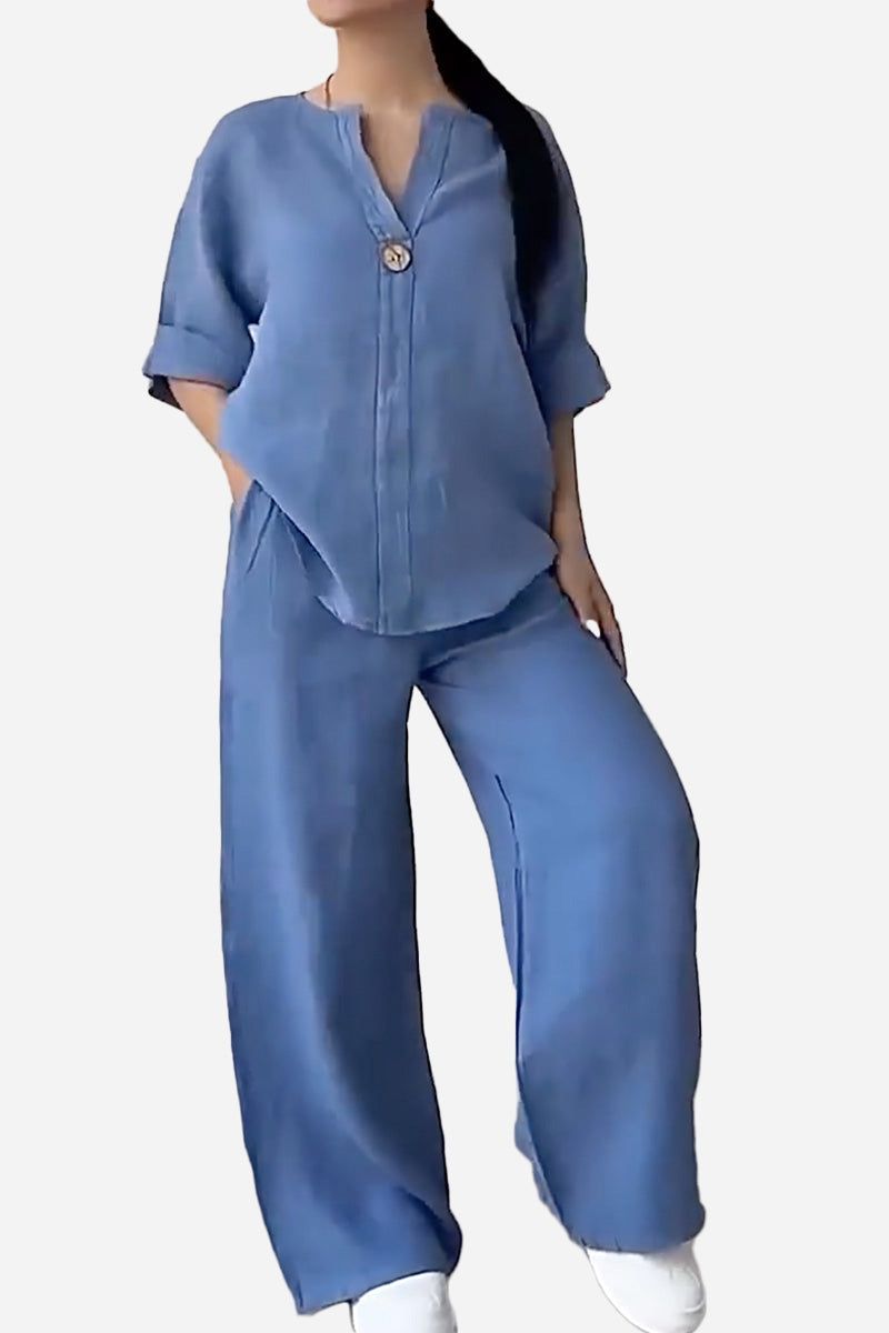 Blue Pure Linen Two-Piece casual comfortable women's outfit with one-button top and wide-leg pants.