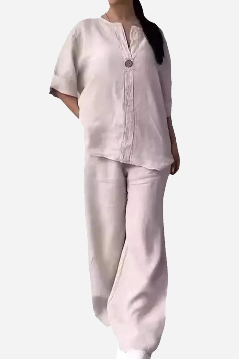 Women's pure linen two-piece casual comfort set with short sleeves and wide-leg pants