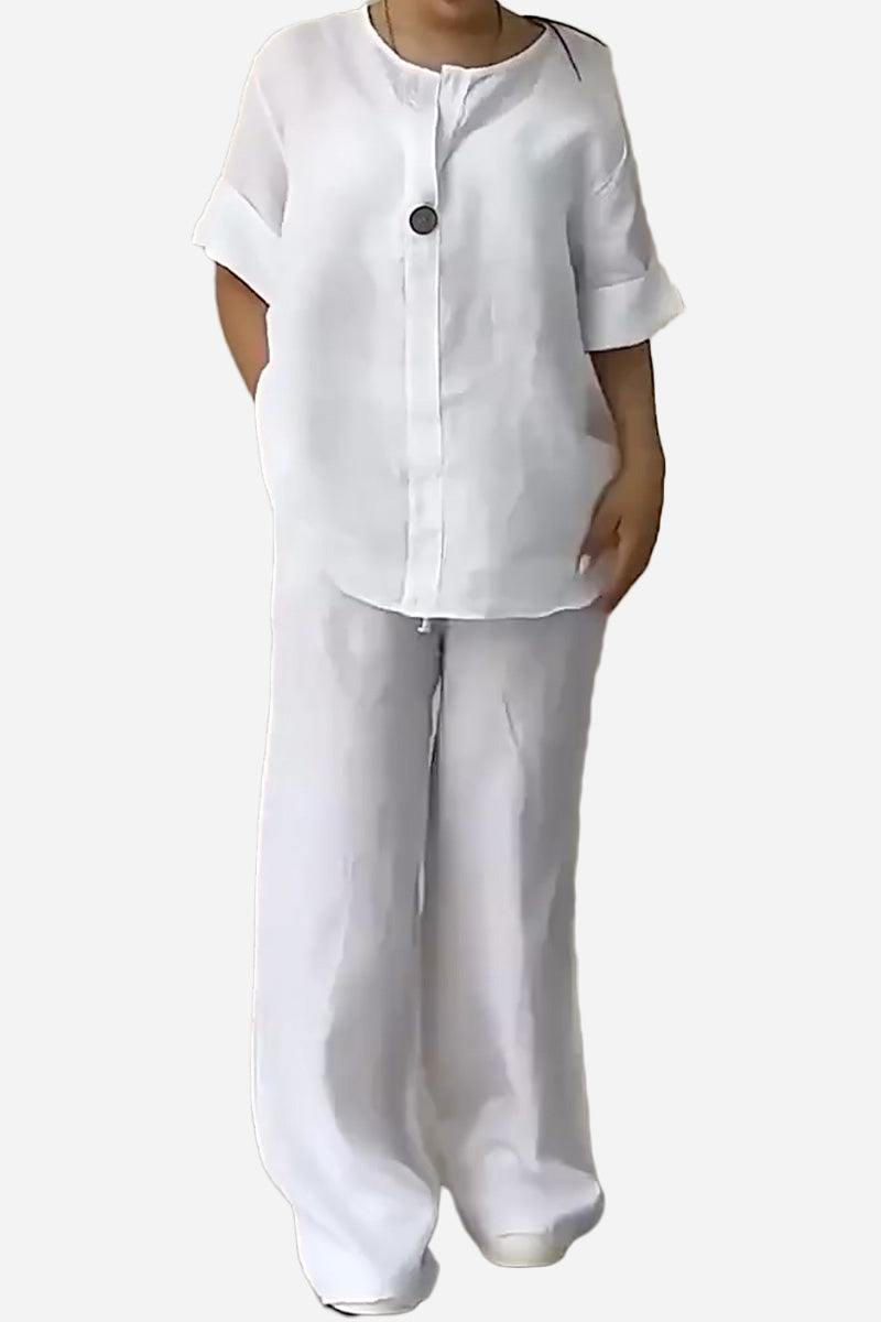 White pure linen two-piece casual comfort set with one-button top and loose pants for breathable, stylish wear