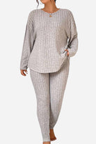 Body Confident Oversized Knit two-piece cozy gray ribbed knit set with relaxed fit top and pants for comfortable casual wear