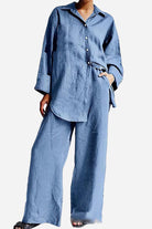 Relaxed fit blue cotton button-up top and wide-leg pants set for vacation essentials cotton set