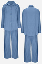 Blue Vacation Essentials Cotton Set with relaxed fit button-up shirt and wide-leg pants, front and back views, breathable cotton blend fabric.