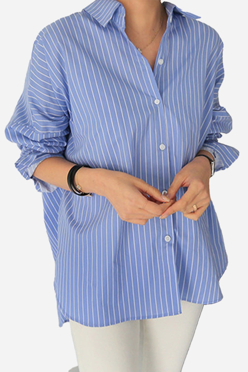 100 cotton oversized blue striped shirt with relaxed fit and button closure