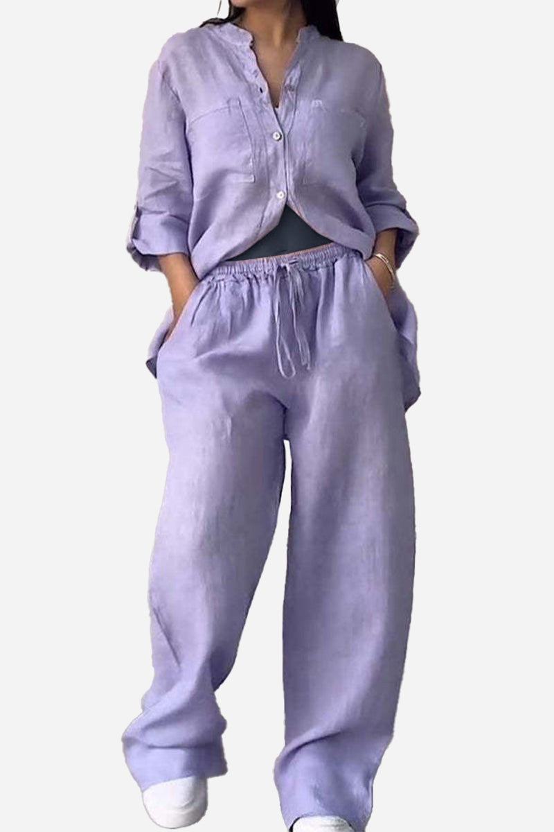 Woman wearing lavender 100% cotton double comfort two-piece set with relaxed fit and button-up top
