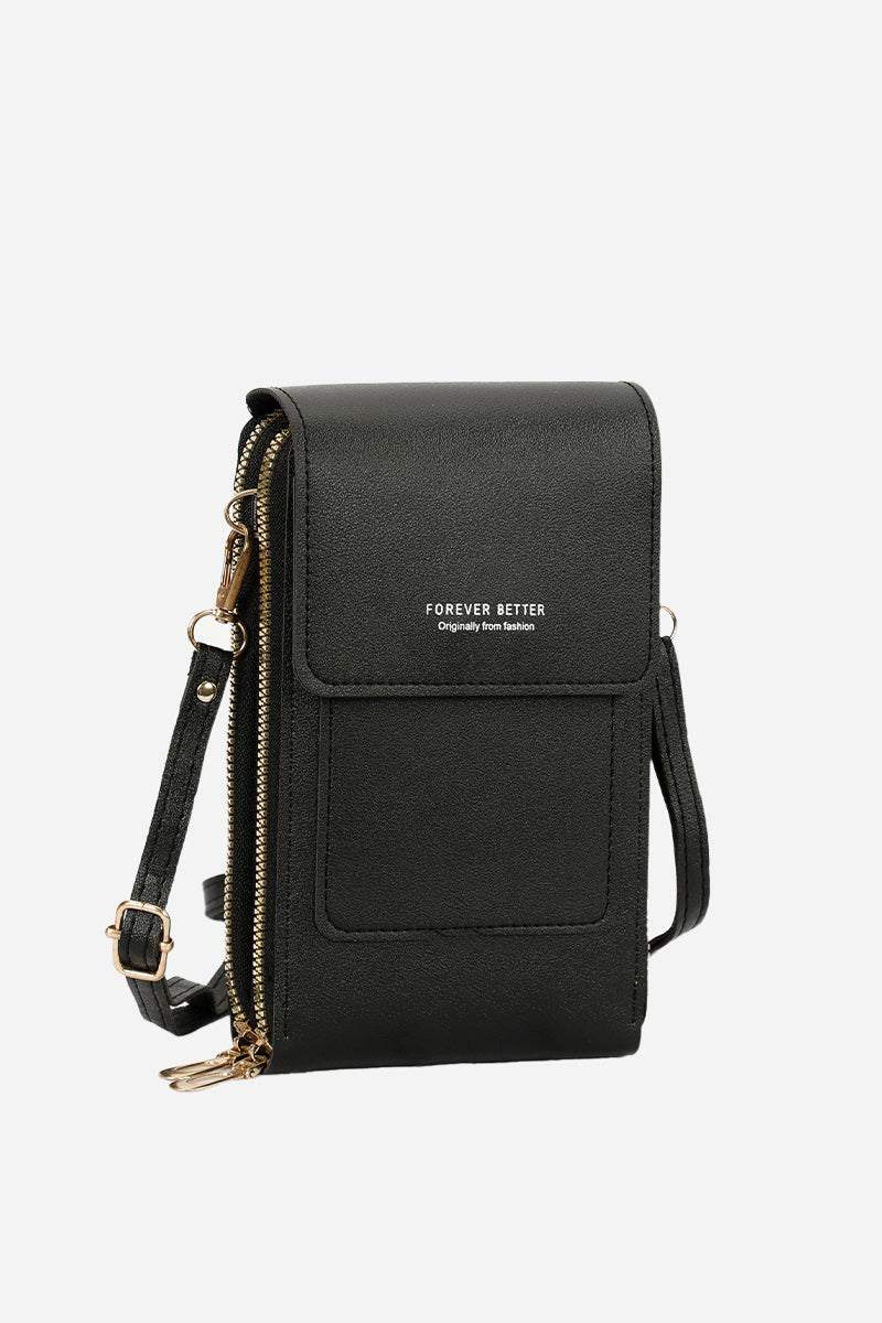 Black anti-theft travel crossbody phone pouch made of durable PU leather with adjustable strap and secure zipper compartments