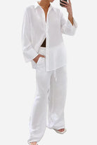 100 Cotton Wanderlust white two-piece cotton set with relaxed fit and button-up shirt