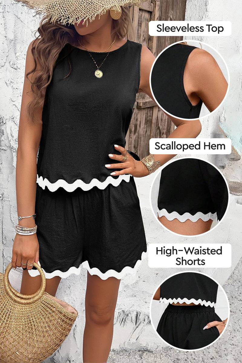 Flattering Coastal Scallop two-piece sleeveless black top and high-waisted shorts set with scalloped hem beachwear