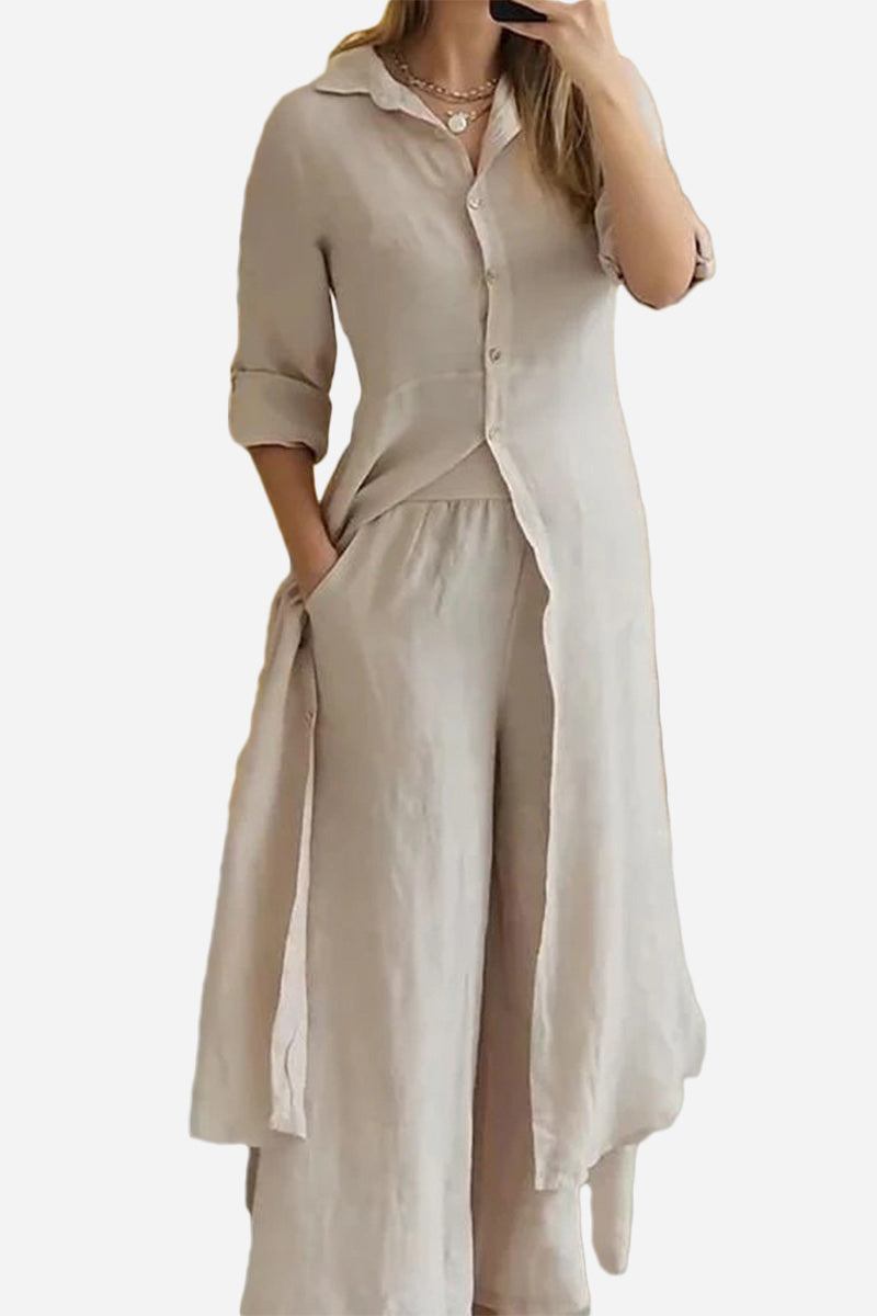 Refined Comfort beige coordinated wide-leg two-piece outfit with long button-up top and flowy pants