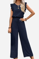 Elegant two-piece set in navy blue with lace flutter sleeves and wide-leg pants.