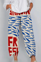 Artistic sardine pattern breathable cropped pants with blue fish and red text design