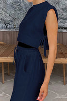 Breathable cotton-linen blend navy sleeveless two-piece outfit with relaxed fit and side ties