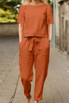 Cotton-linen blend relaxed fit monochrome two-piece set in burnt orange, breathable and lightweight outfit for casual wear