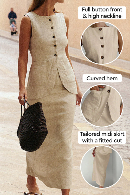 Flattering Cotton-Linen Blend Sleeveless Vest Two-Piece
