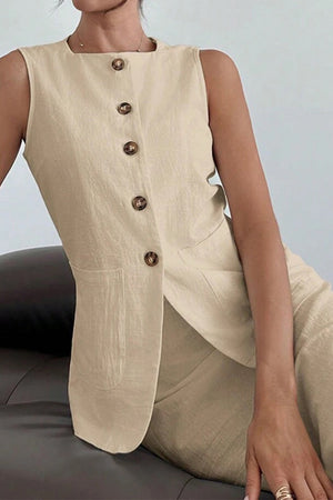 Flattering Cotton-Linen Blend Sleeveless Vest Two-Piece
