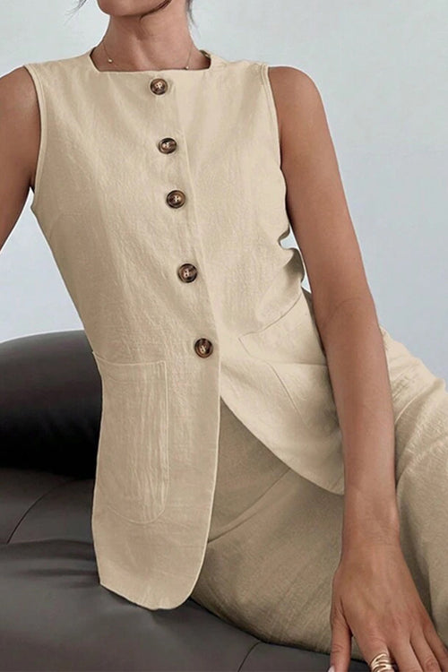 Flattering Cotton-Linen Blend Sleeveless Vest Two-Piece