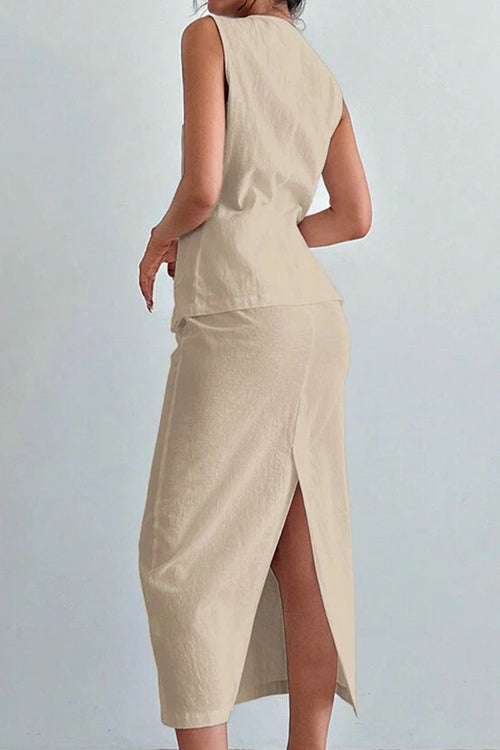 Flattering Cotton-Linen Blend Sleeveless Vest Two-Piece