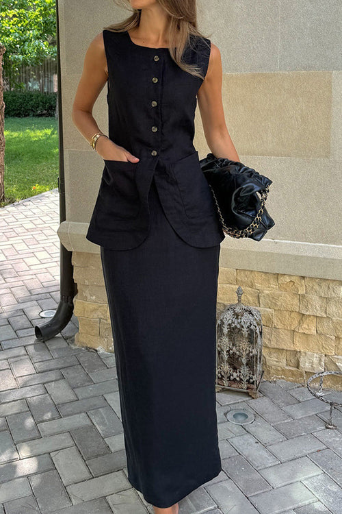 Flattering Cotton-Linen Blend Sleeveless Vest Two-Piece