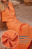 Women's cotton-linen blend Mediterranean sunset orange two-piece set with breathable, soft fabric