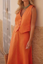Orange cotton-linen blend sleeveless vest and flowing skirt two-piece outfit
