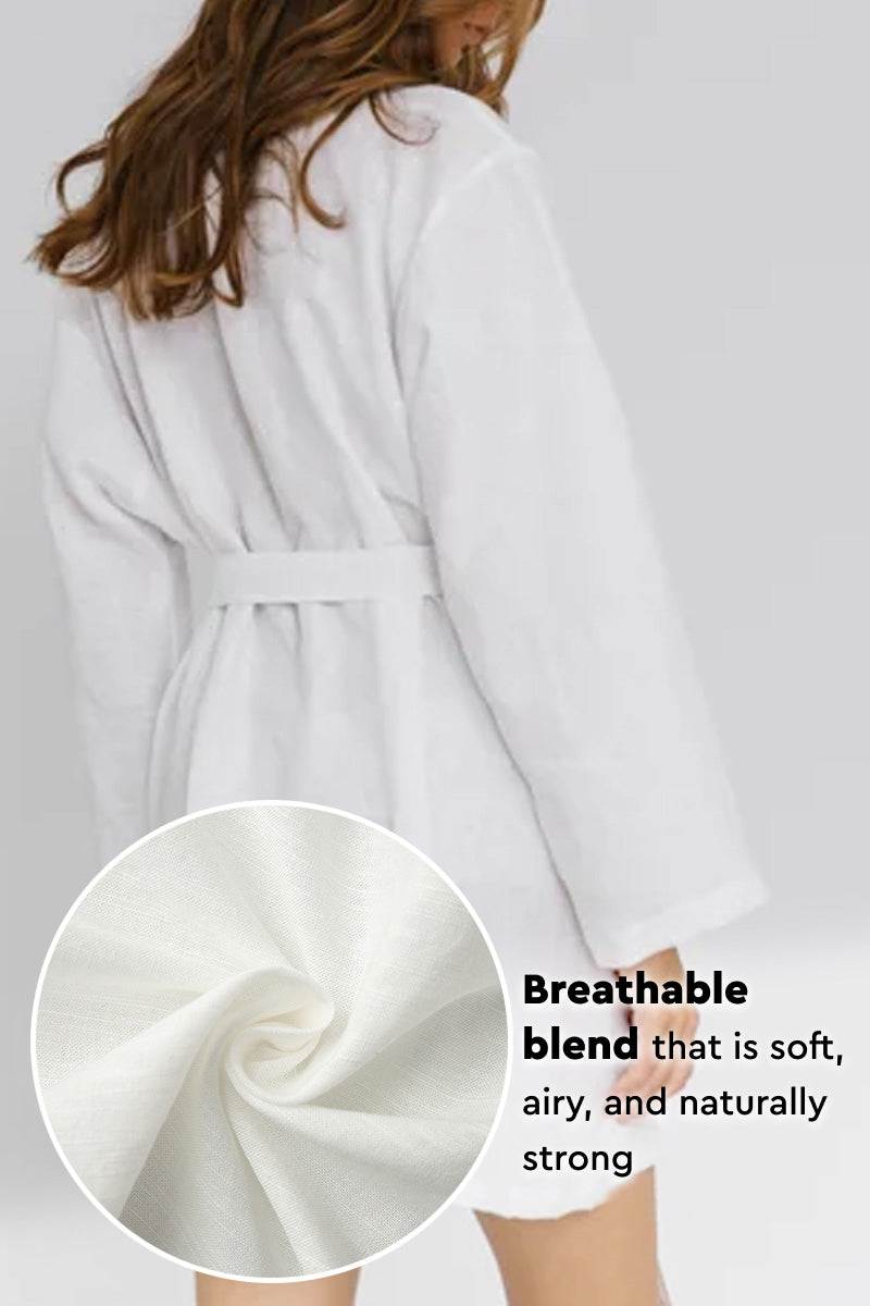 White cotton-linen blend luxury spa robe with breathable, soft fabric and relaxed fit for comfort