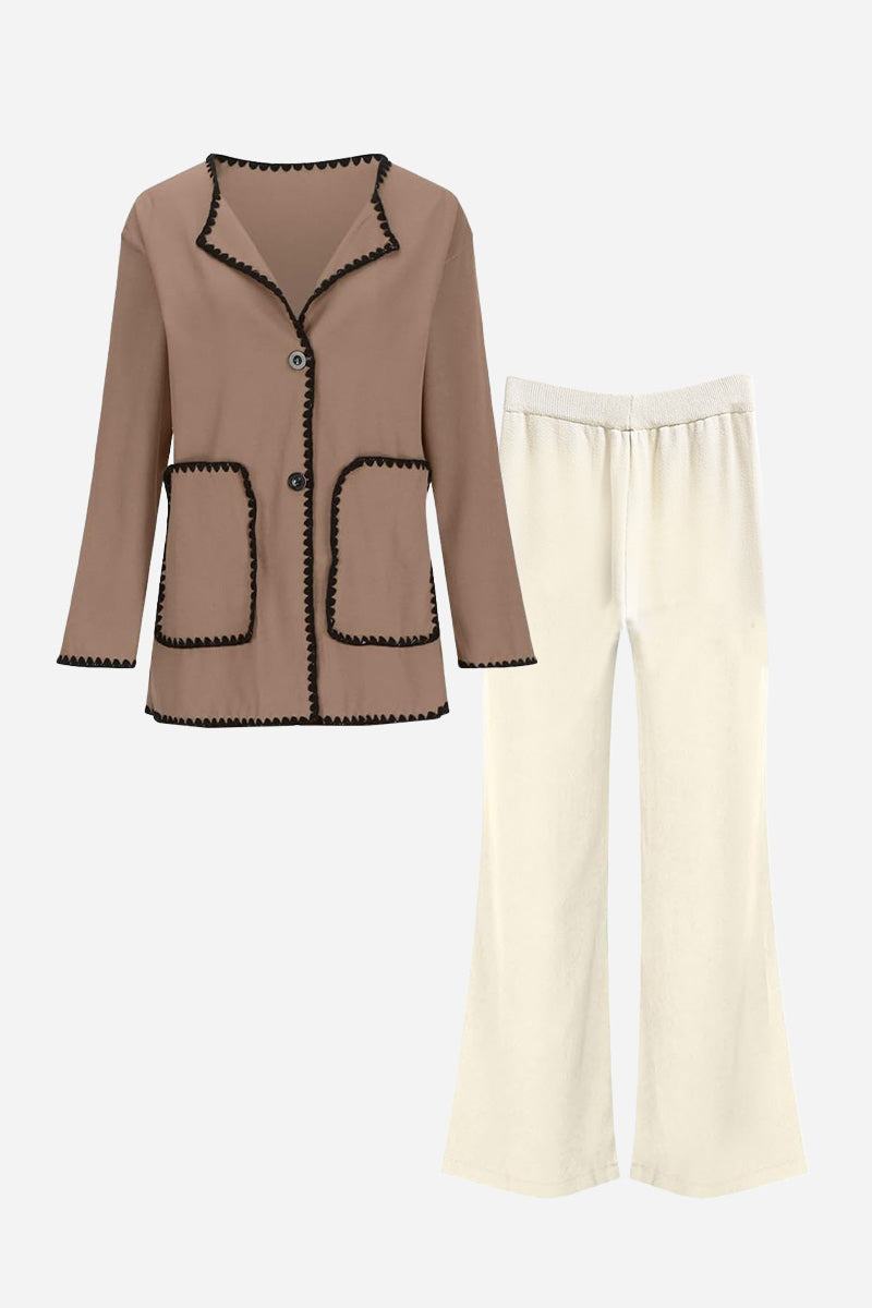 Women's mix and match contrast-trim knit cardigan set with button-front cardigan and cream pants