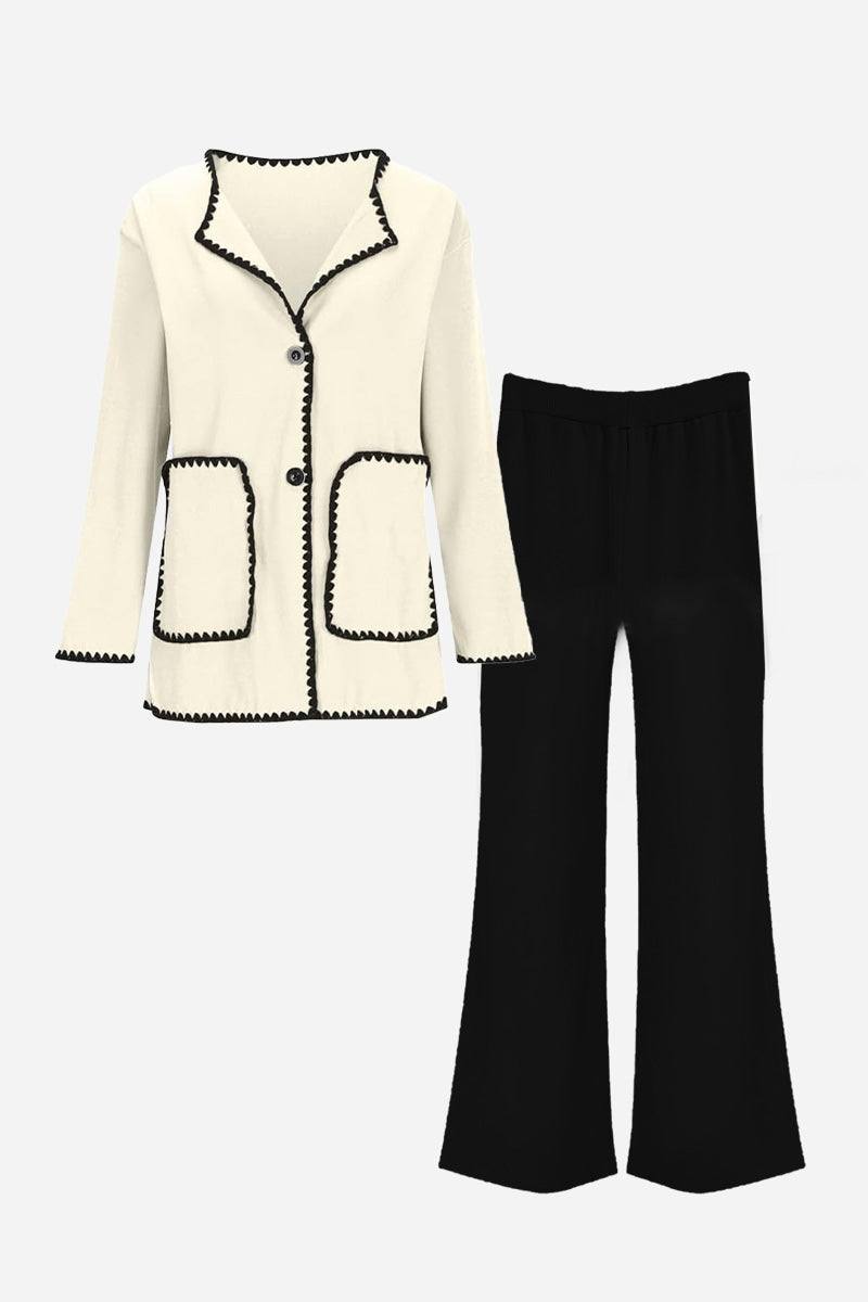 Cream contrast-trim knit cardigan with black trim and black knit pants set