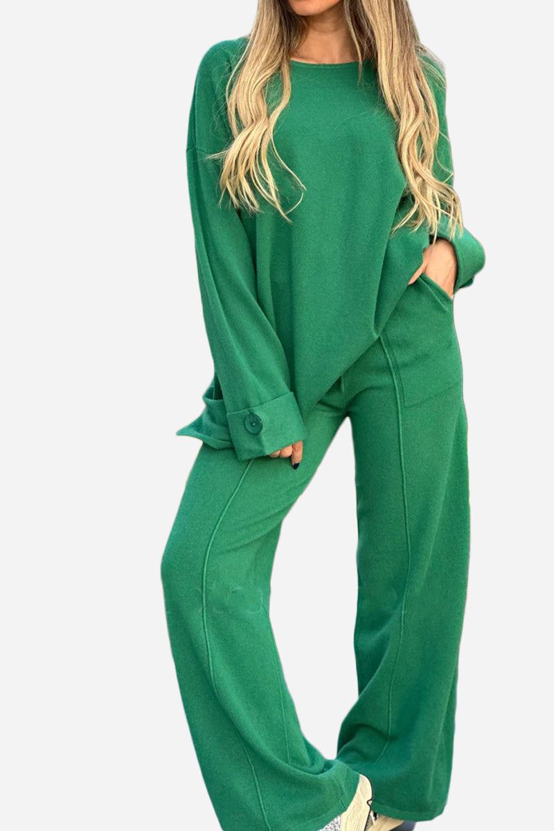 Green relaxed fit comfortable travel-ready two-piece set with wide-leg pants and long sleeve top