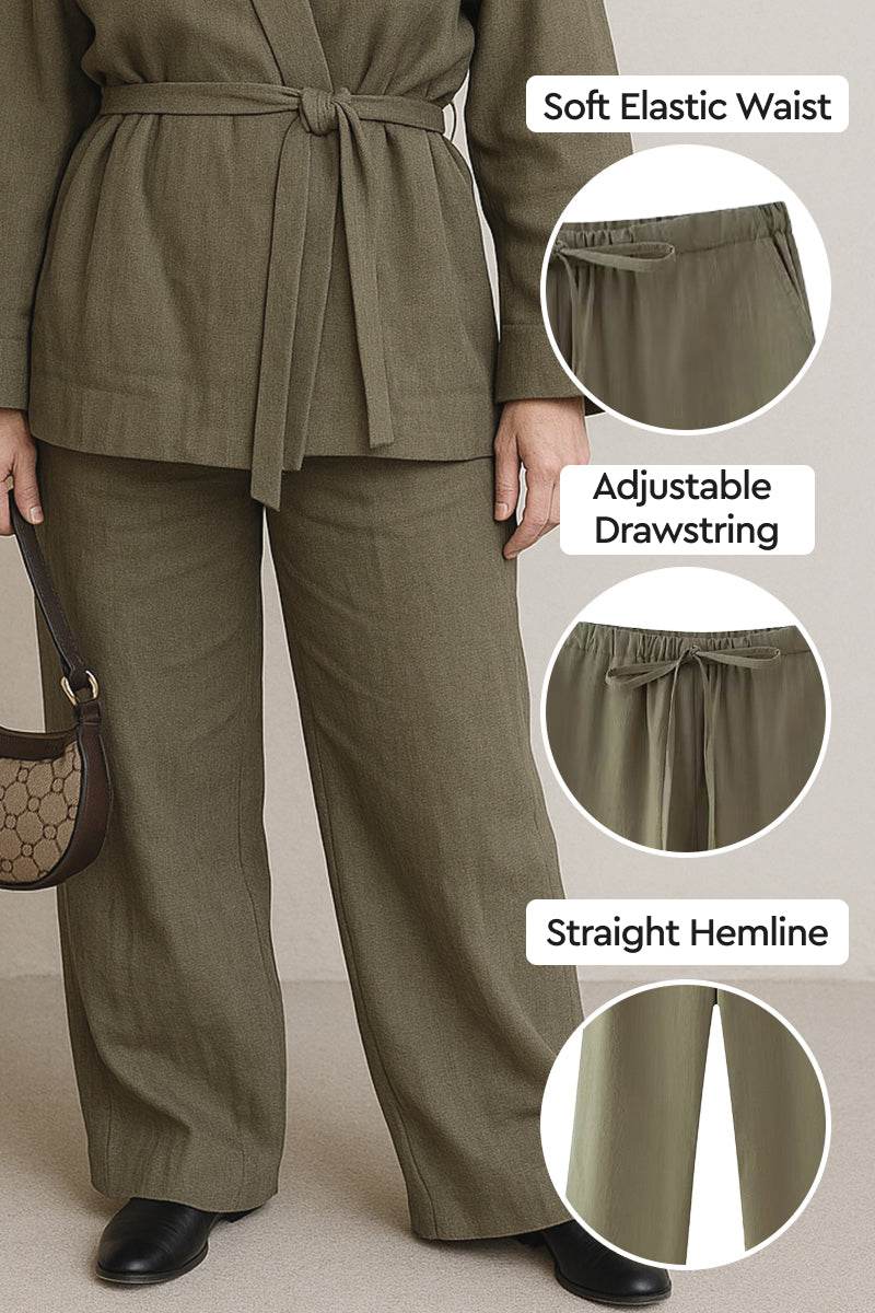 Women's mix-match lounge-to-travel set featuring wide-leg pants with soft elastic waist, adjustable drawstring, and straight hemline in earthy olive tone